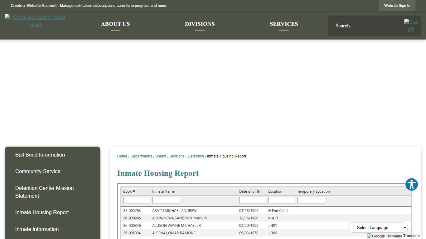Inmate Housing Report | Navajo County, AZ